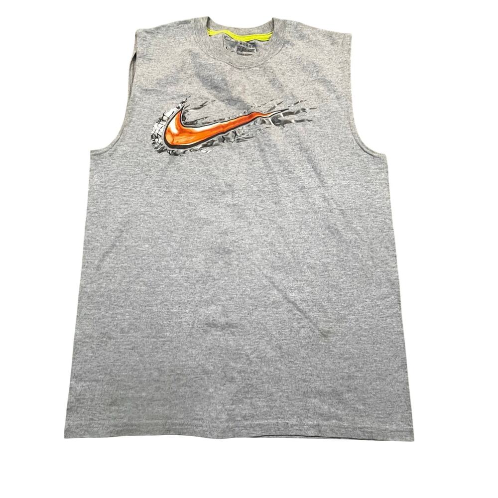 Nike‎ Mens S Gray Graphic Tank Orange Swoosh Athletic Gym Shirt
